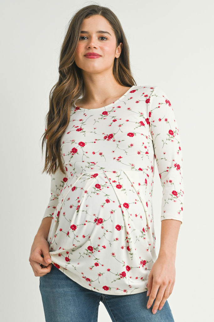 Ivory Floral Front Pleat Maternity Top Front View