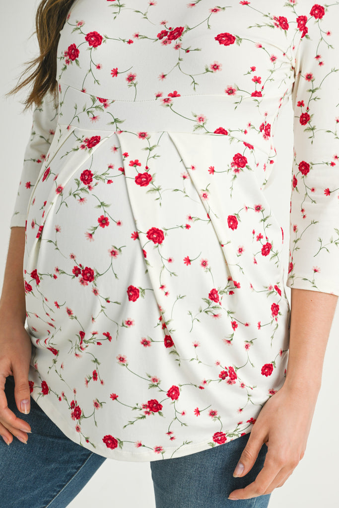 Ivory Floral Front Pleat Maternity Top Close Up