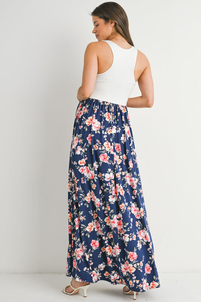 Ivory/Navy Tank Maternity Maxi Floral Dress Back View