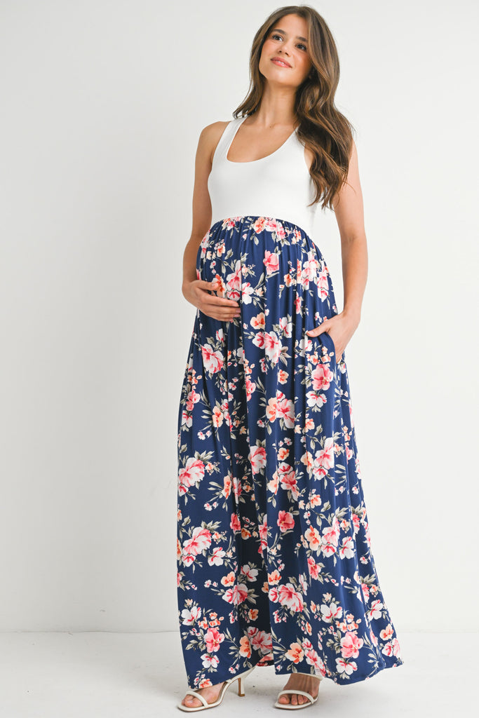 Ivory/Navy Tank Maternity Maxi Floral Dress Front View