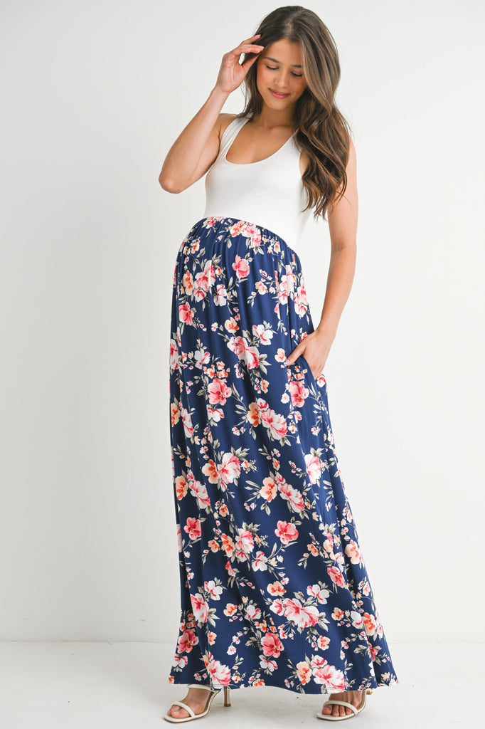 Ivory/Navy Tank Maternity Maxi Floral Dress Side View