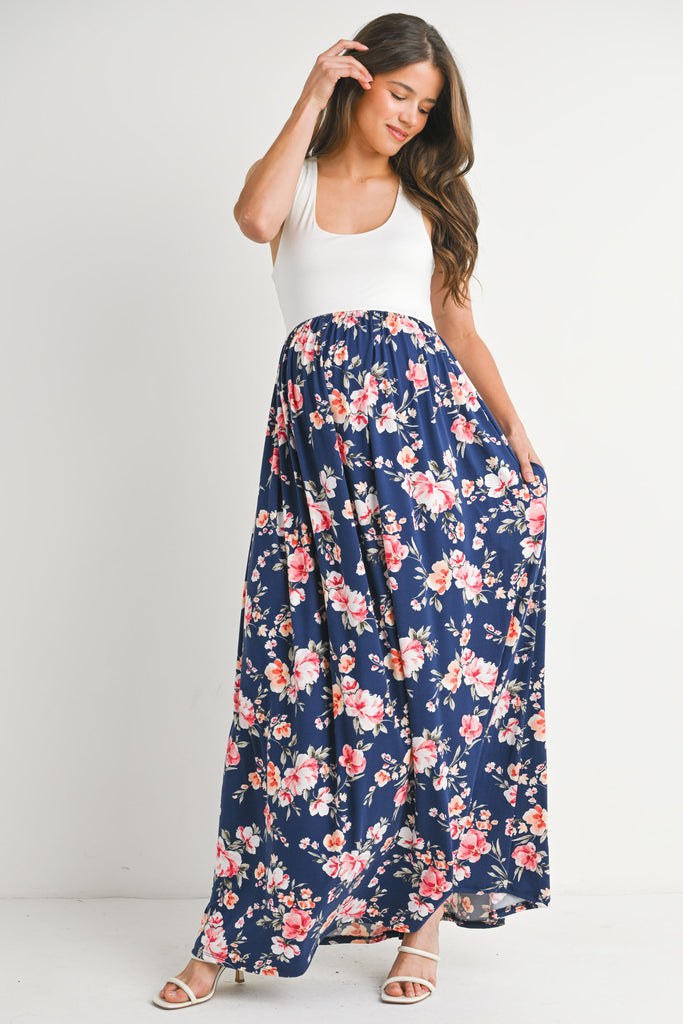 Ivory/Navy Tank Maternity Maxi Floral Dress Front View