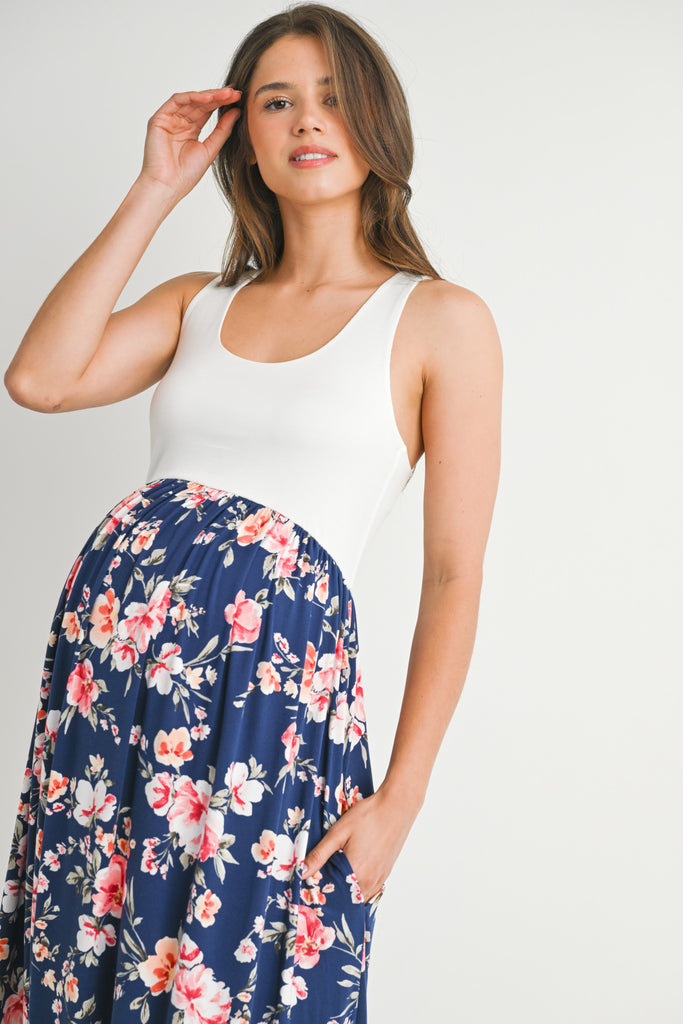 Ivory/Navy Tank Maternity Maxi Floral Dress Close Up