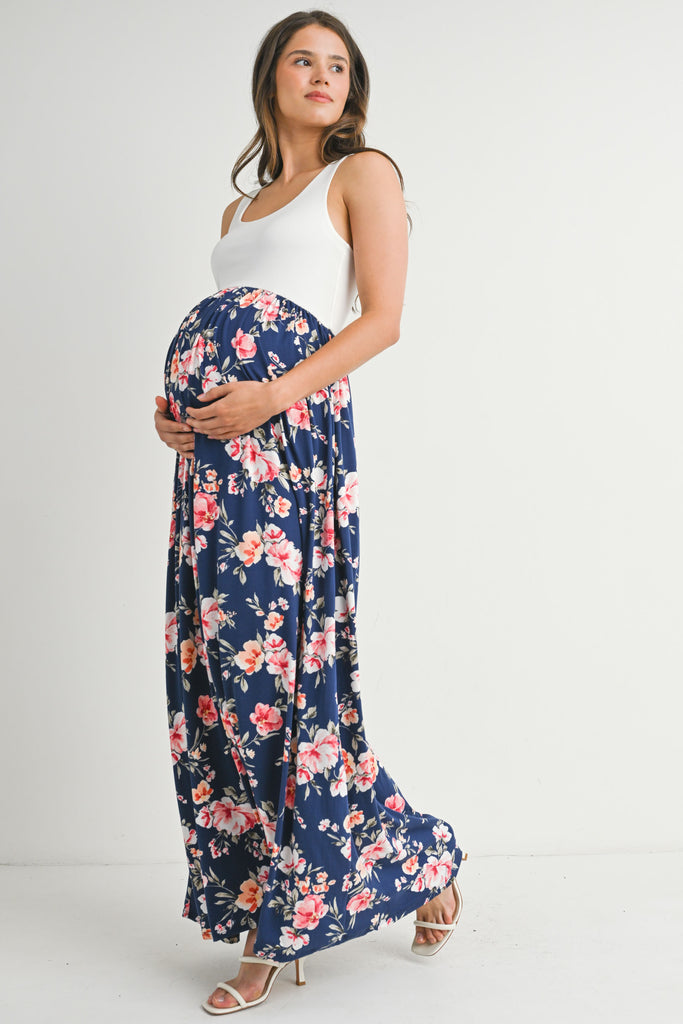 Ivory/Navy Tank Maternity Maxi Floral Dress Side View