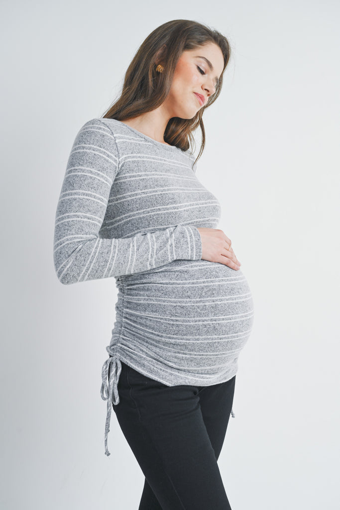 Stripe Long Sleeve Round Neck Adjustable Drawstring Maternity Top Side View