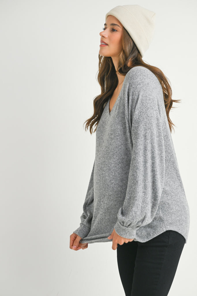 Heather Grey Loose Fit Ribbed Long Sleeve V Neck Maternity Top Side View