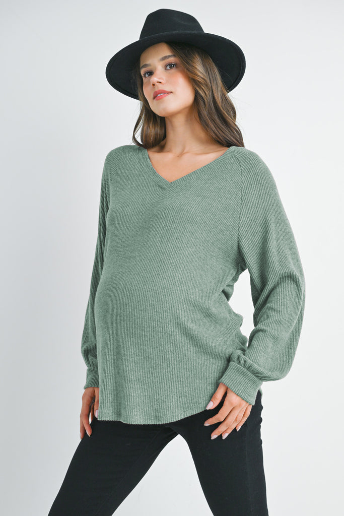 Mint Loose Fit Ribbed Long Sleeve V Neck Maternity Top Front View