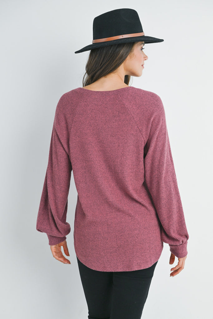 Mauve Loose Fit Ribbed Long Sleeve V Neck Maternity Top Back View