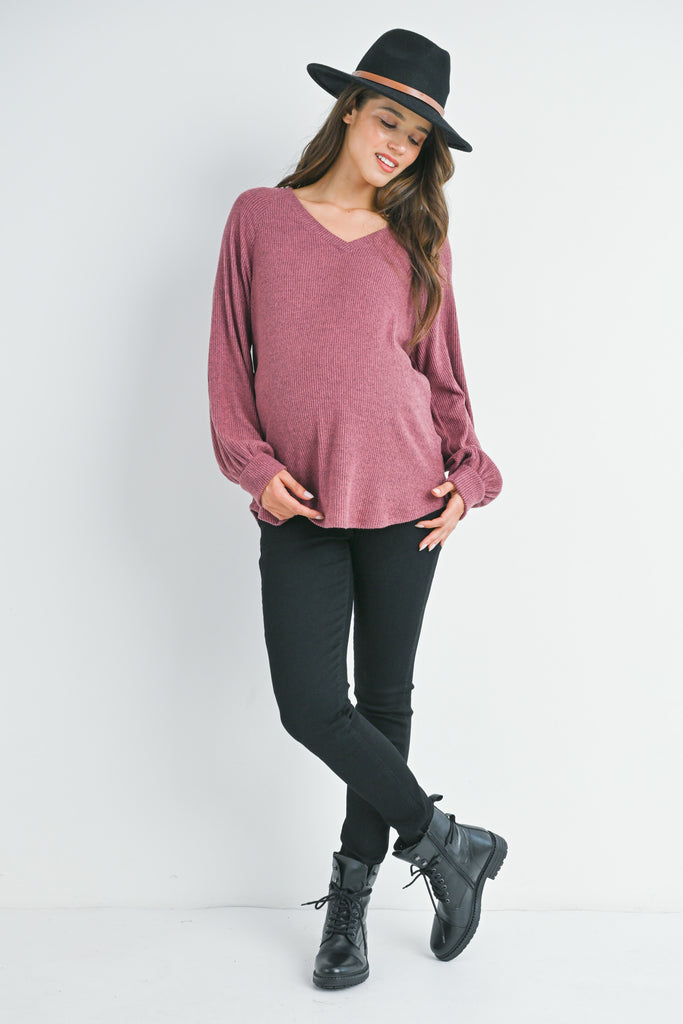 Mauve Loose Fit Ribbed Long Sleeve V Neck Maternity Top Full Body