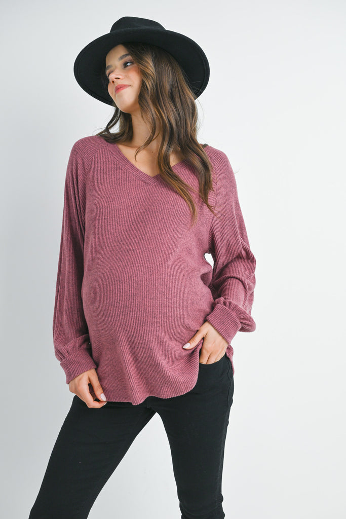 Mauve Loose Fit Ribbed Long Sleeve V Neck Maternity Top Front View