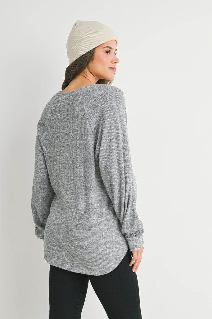 Heather Grey Loose Fit Ribbed Long Sleeve V Neck Maternity Top Back View