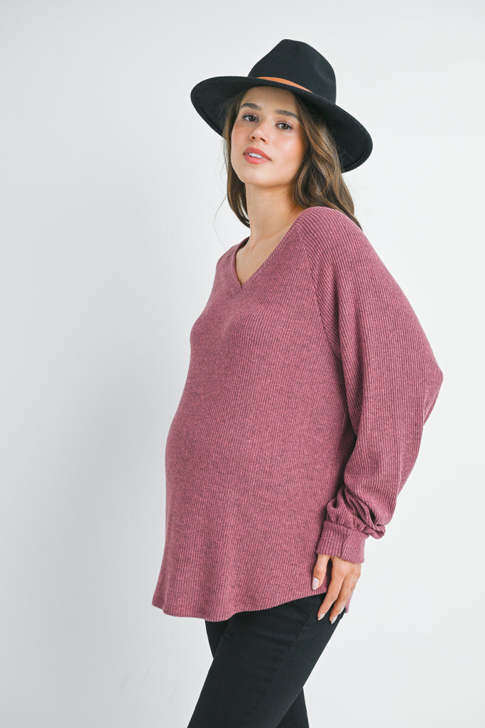 Mauve Loose Fit Ribbed Long Sleeve V Neck Maternity Top Side View