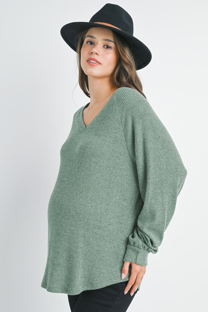 Mint Loose Fit Ribbed Long Sleeve V Neck Maternity Top Side View