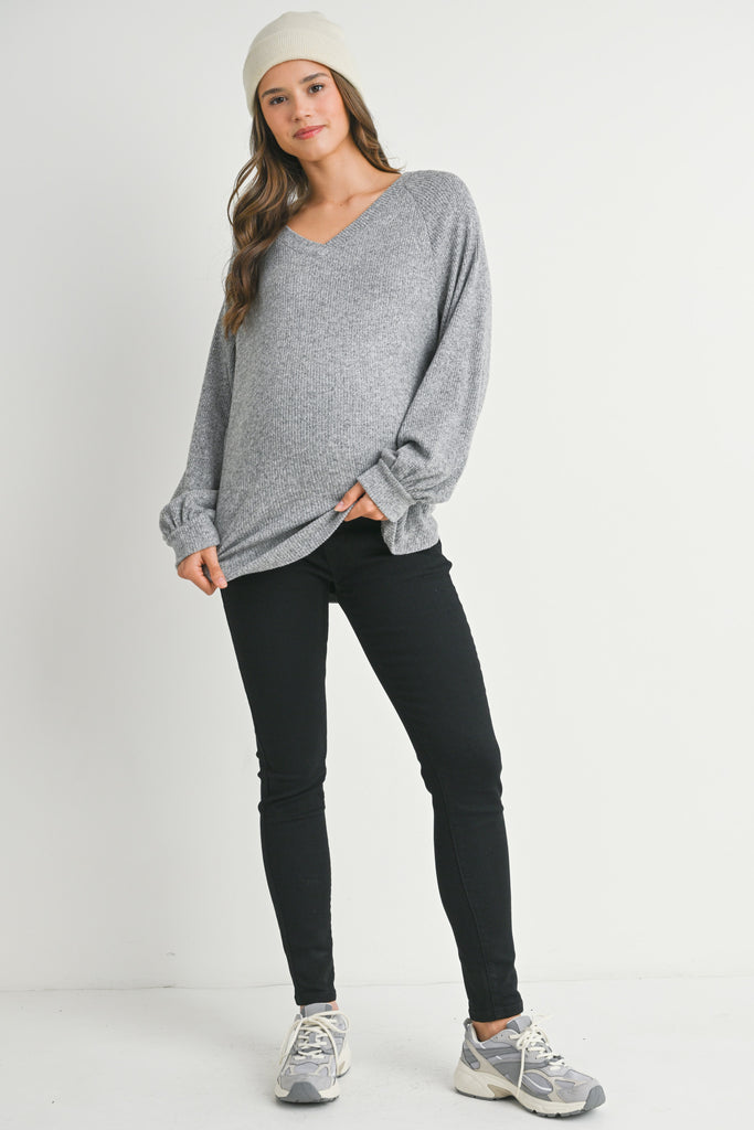 Heather Grey Loose Fit Ribbed Long Sleeve V Neck Maternity Top Full Body