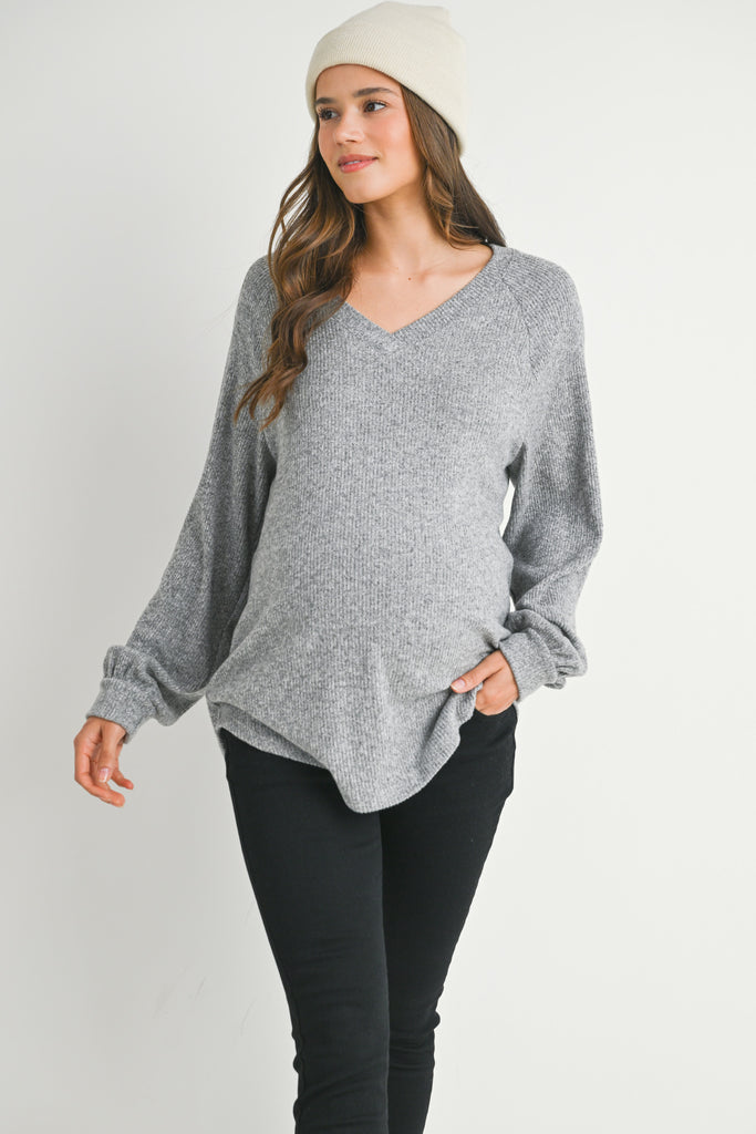 Heather Grey Loose Fit Ribbed Long Sleeve V Neck Maternity Top Front View