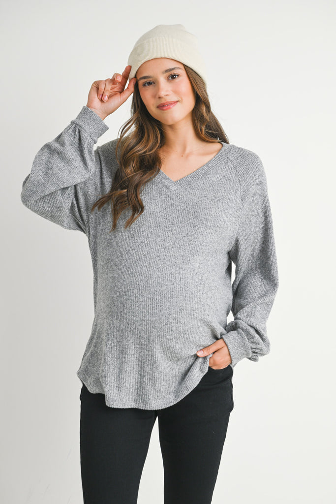 Heather Grey Loose Fit Ribbed Long Sleeve V Neck Maternity Top Front View