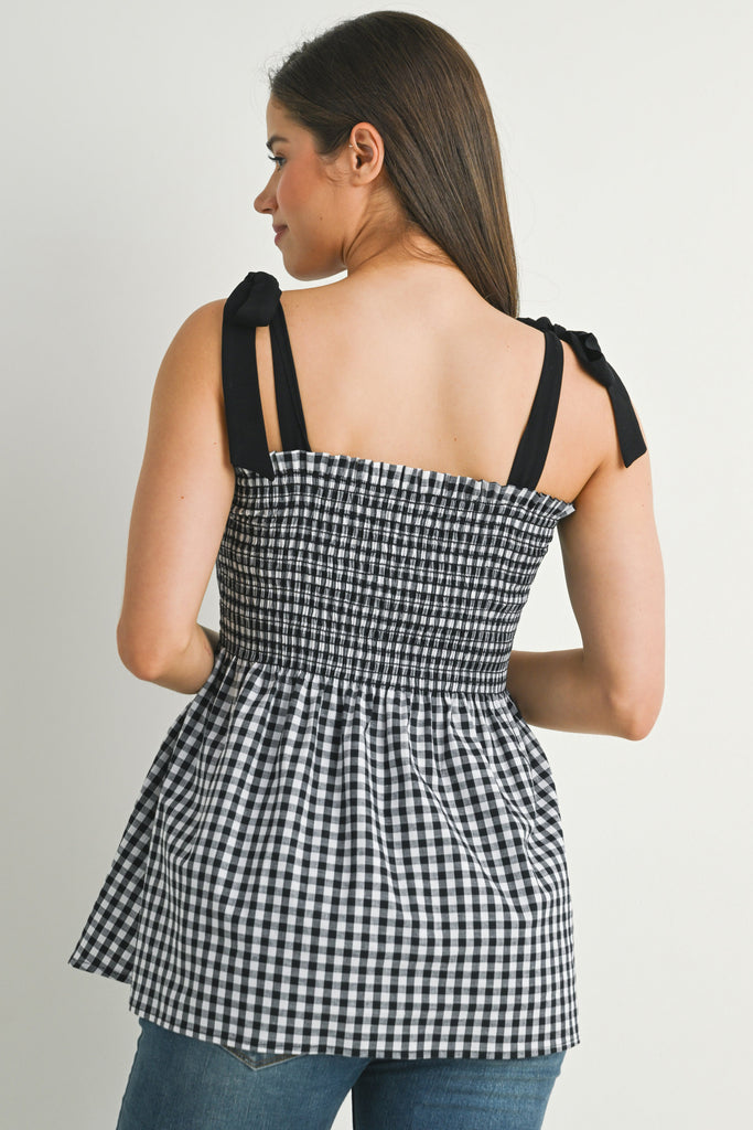 Black/White Gingham Smocked Shoulder Tie Sleeveless Maternity Top Back View