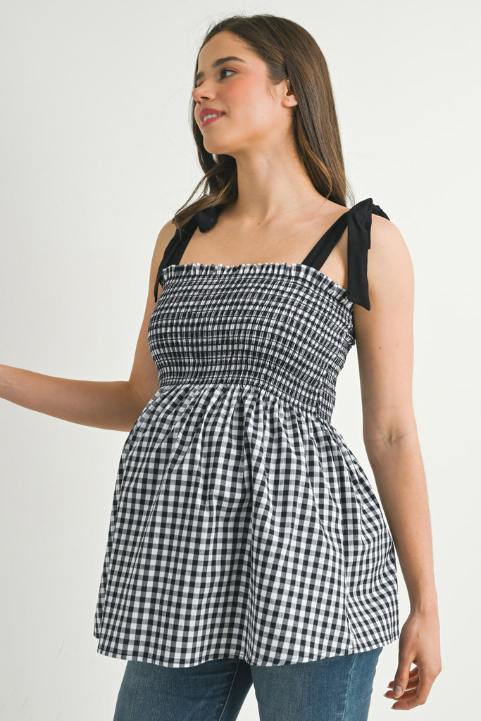 Black/White Gingham Smocked Shoulder Tie Sleeveless Maternity Top Side View