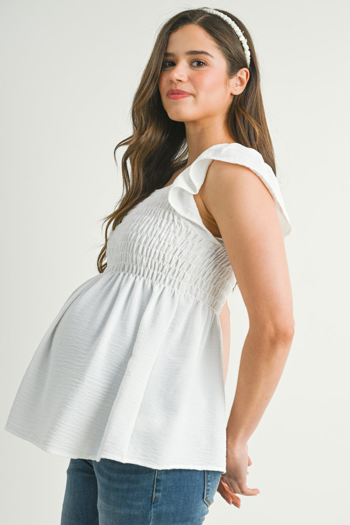 White Flutter Sleeve Square Neck Smocked Maternity Top Side View