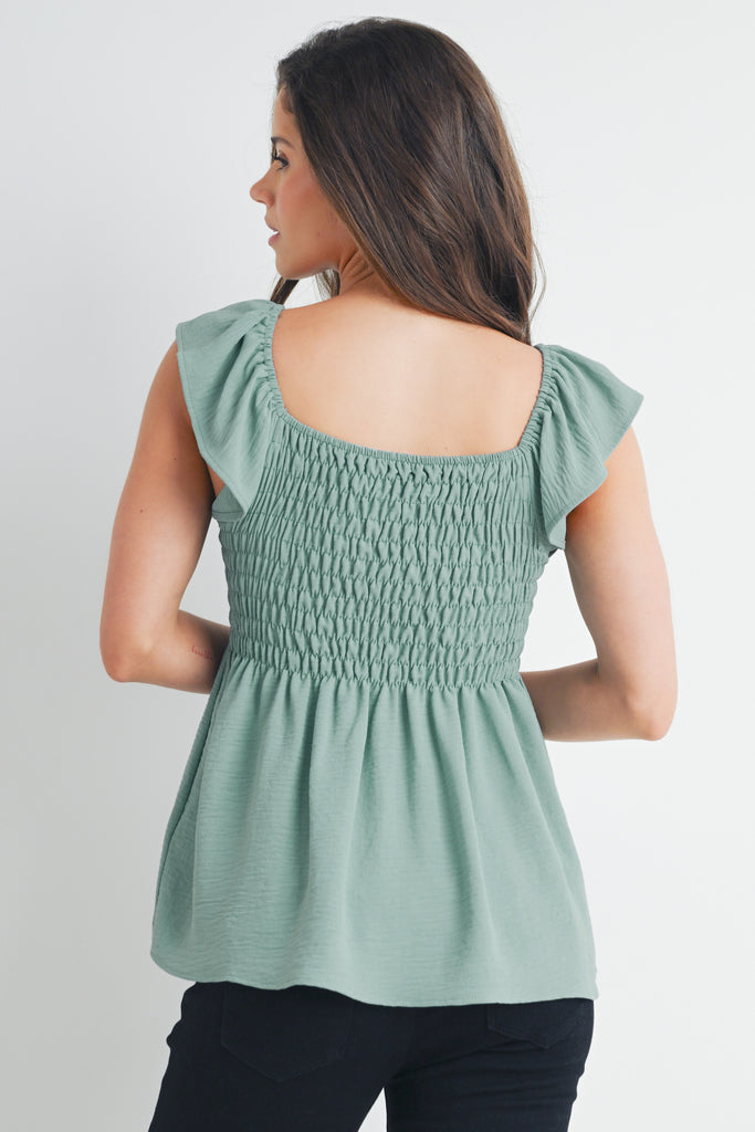 Sage Flutter Sleeve Square Neck Smocked Maternity Top Back View