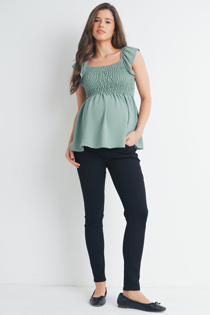 Sage Flutter Sleeve Square Neck Smocked Maternity Top Full Body