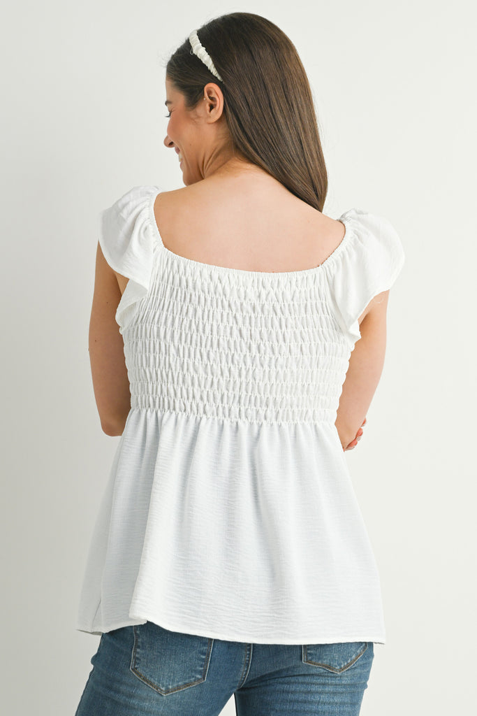 White Flutter Sleeve Square Neck Smocked Maternity Top Back View