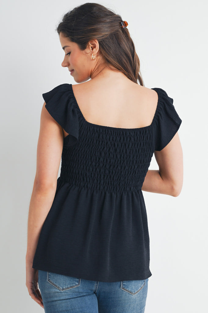 Black Flutter Sleeve Square Neck Smocked Maternity Top Back View