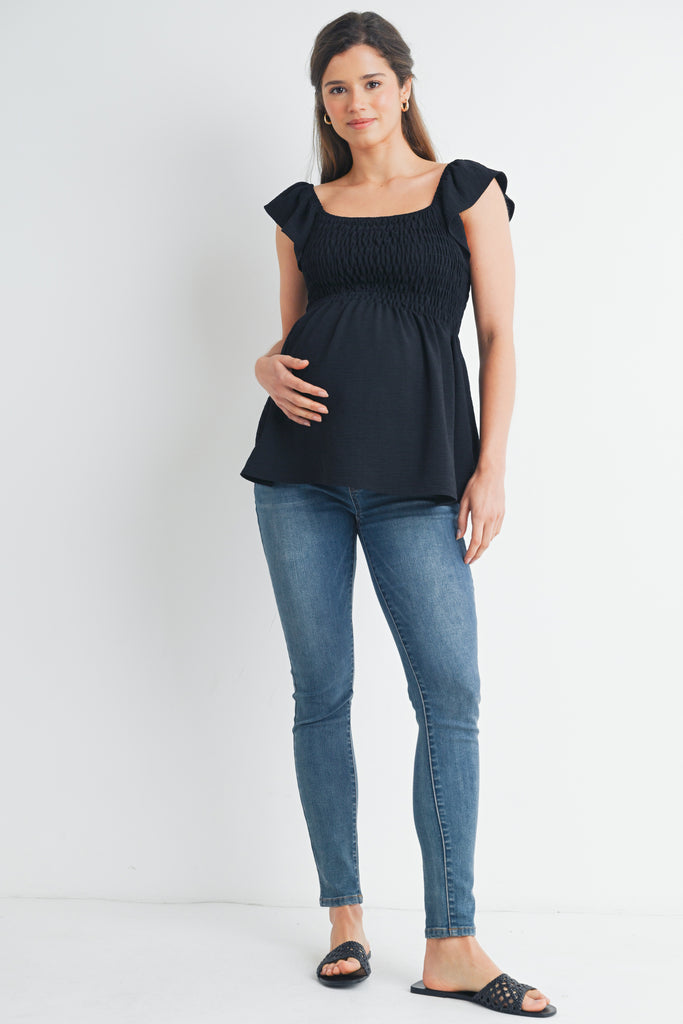 Black Flutter Sleeve Square Neck Smocked Maternity Top Full Body