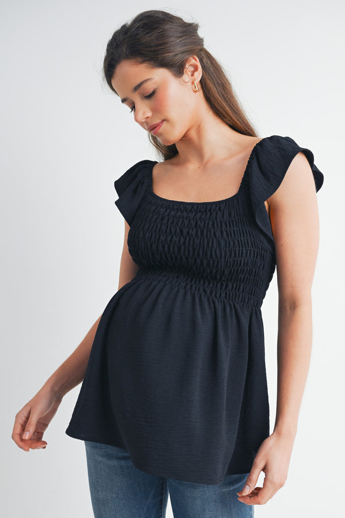 Black Flutter Sleeve Square Neck Smocked Maternity Top Front View