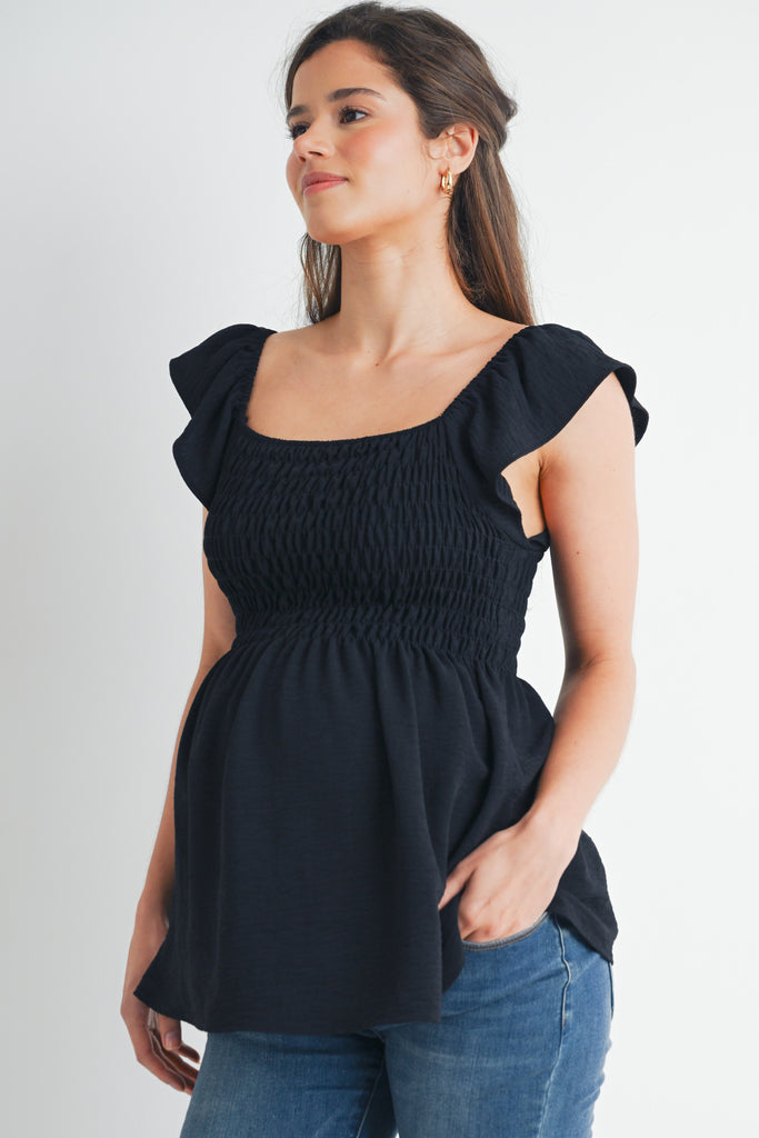 Black Flutter Sleeve Square Neck Smocked Maternity Top Side View