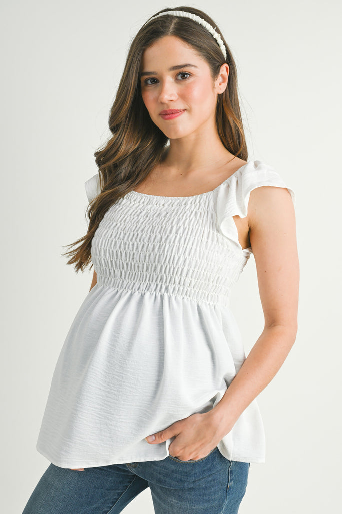 White Flutter Sleeve Square Neck Smocked Maternity Top Front View