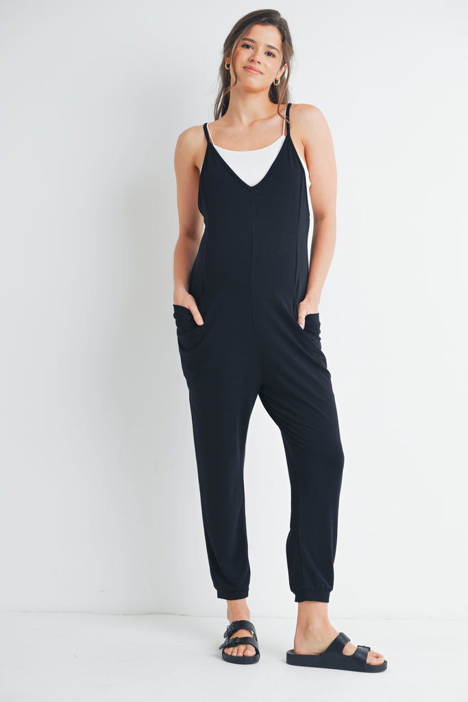 Black One Piece Spaghetti Strap V Neck Sleeveless Maternity Jumpsuit Front View