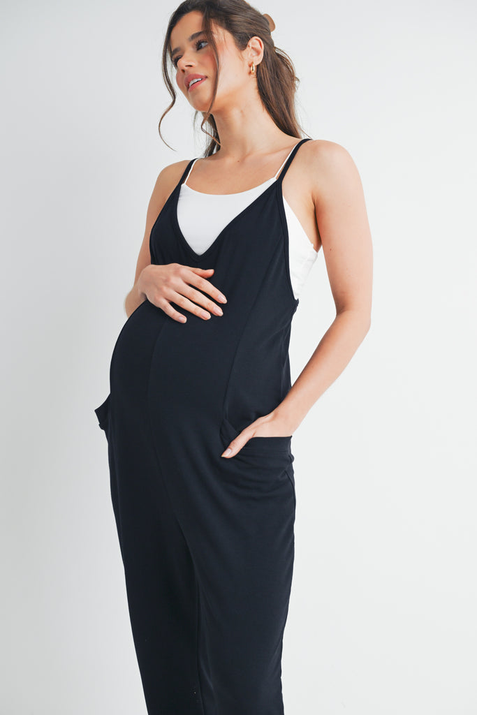 Black One Piece Spaghetti Strap V Neck Sleeveless Maternity Jumpsuit Close Up