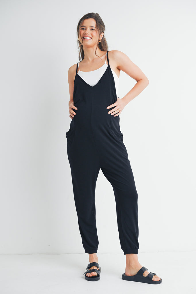 Black One Piece Spaghetti Strap V Neck Sleeveless Maternity Jumpsuit Front View