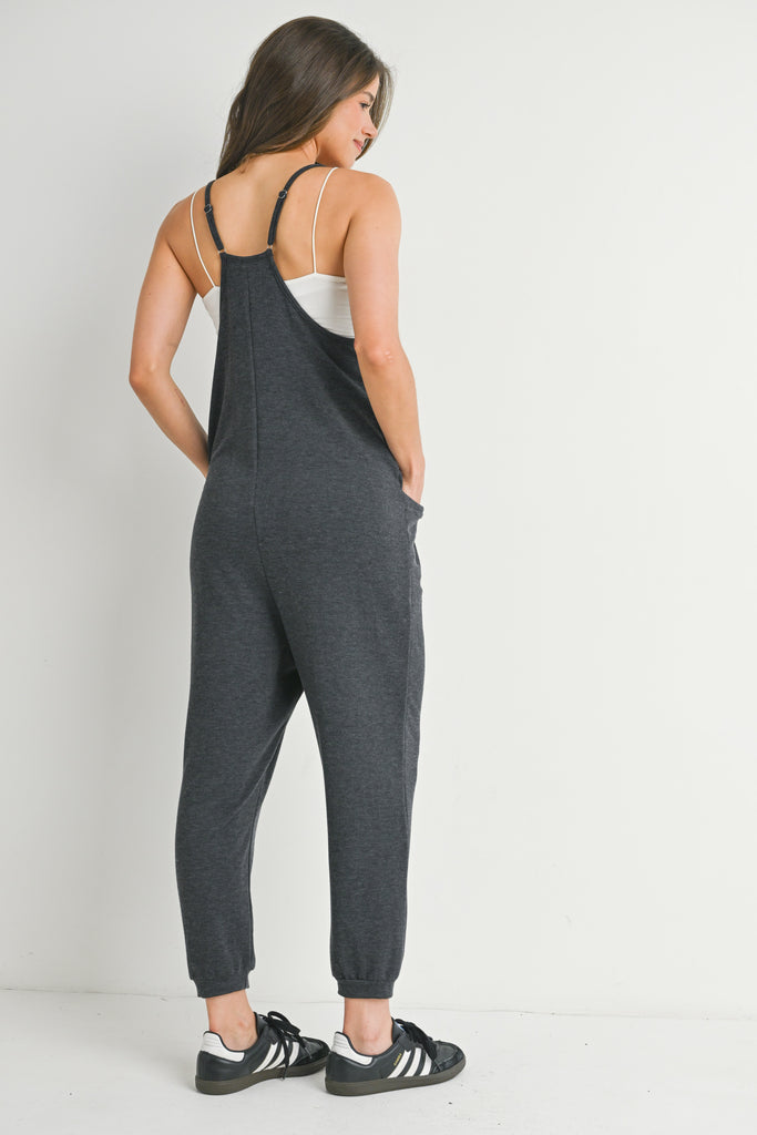 Charcoal One Piece Spaghetti Strap V Neck Sleeveless Maternity Jumpsuit Back View