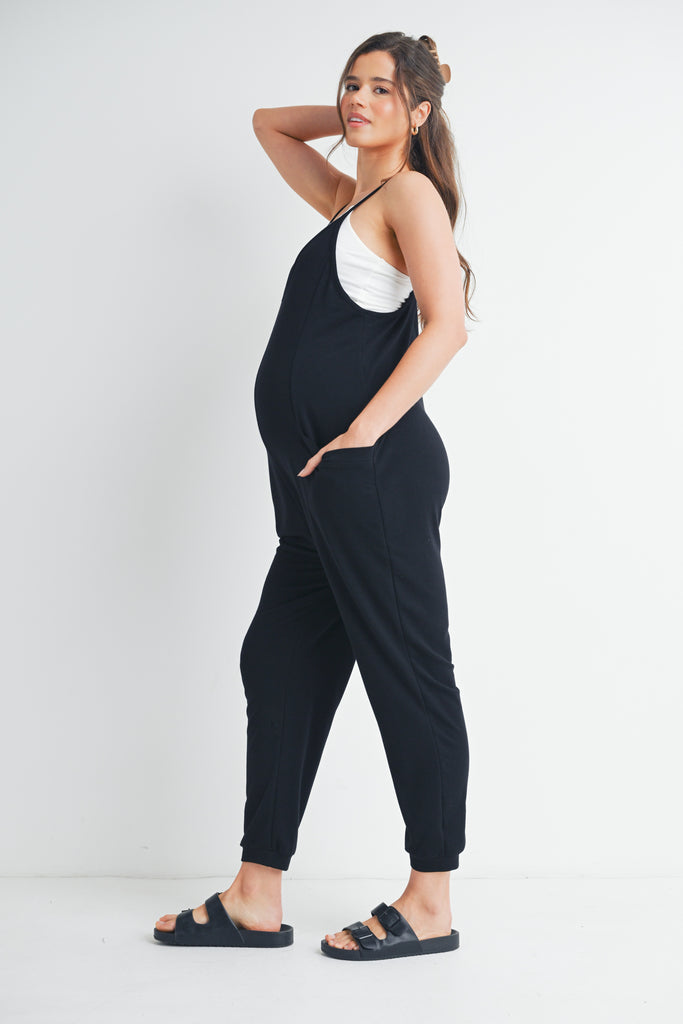 Black One Piece Spaghetti Strap V Neck Sleeveless Maternity Jumpsuit Side View