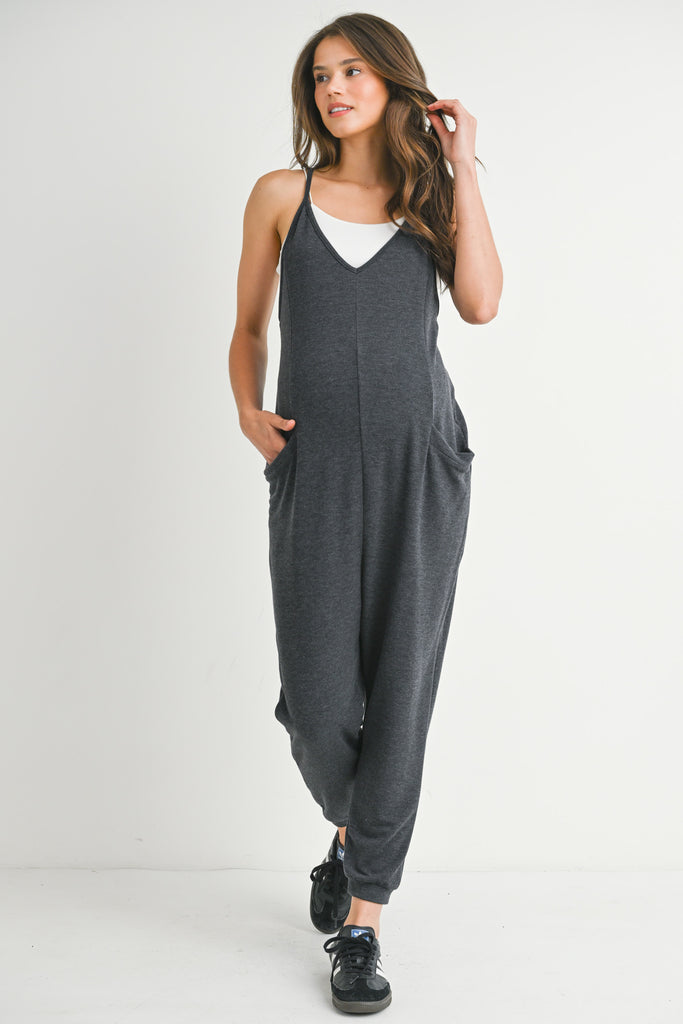 Charcoal One Piece Spaghetti Strap V Neck Sleeveless Maternity Jumpsuit Front View