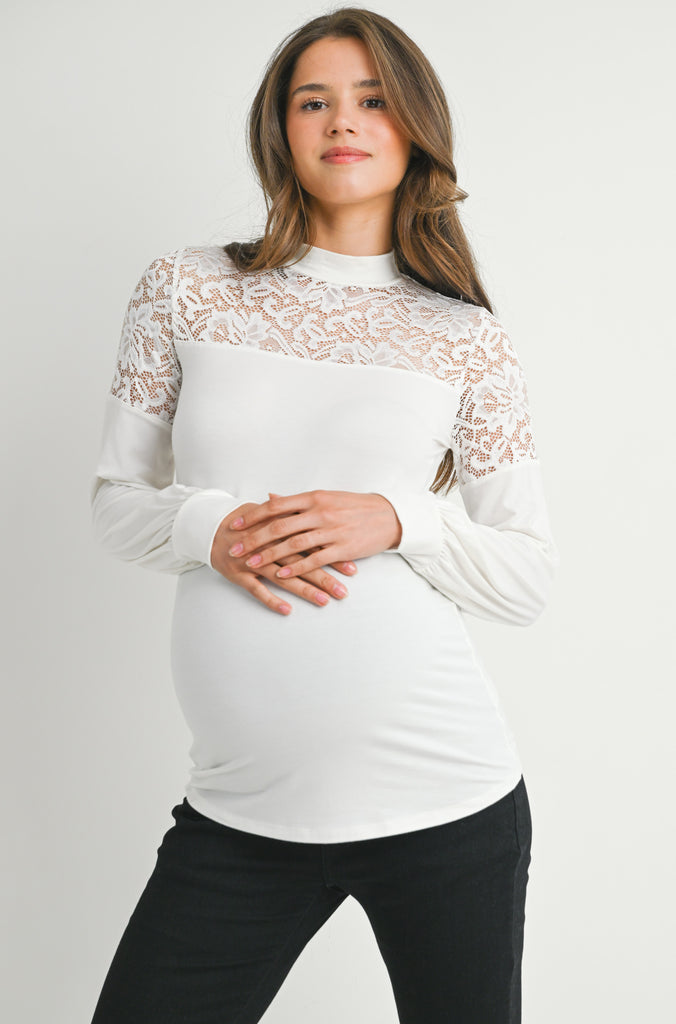 Off White Floral Lace Long Sleeve Mock Neck Maternity Top Front View