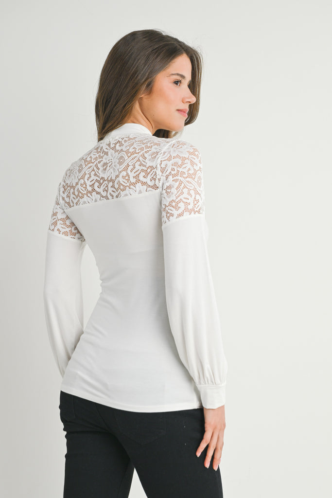 Off White Floral Lace Long Sleeve Mock Neck Maternity Top back View