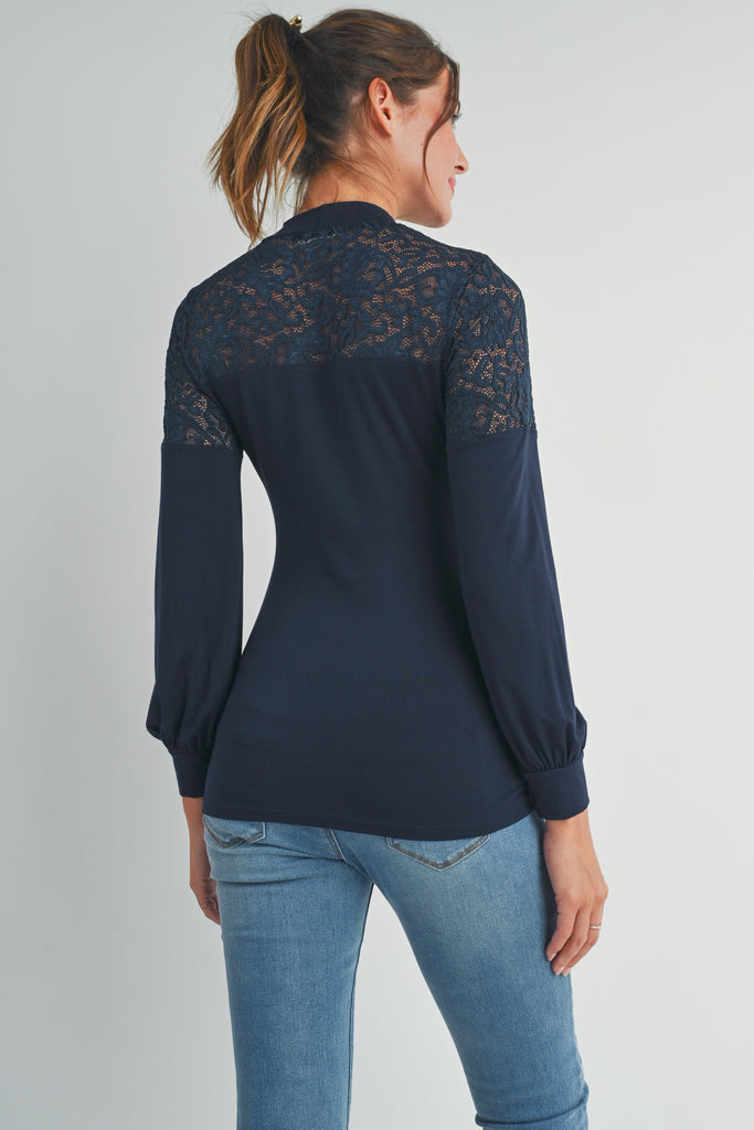 Navy Floral Lace Long Sleeve Mock Neck Maternity Top Back View