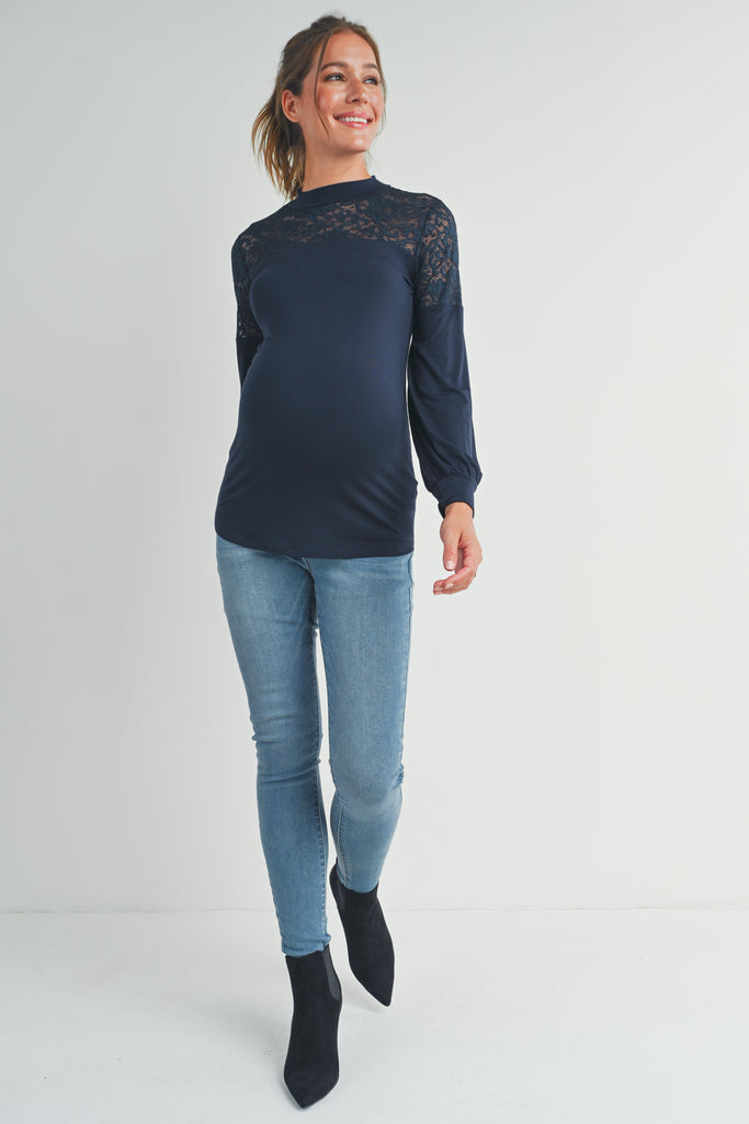 Navy Floral Lace Long Sleeve Mock Neck Maternity Top Full Body