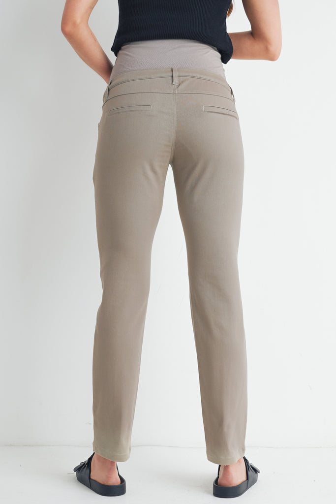 Khaki Straight Leg Over The Belly Maternity Pants with Pockets Back View