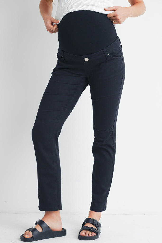 Black Straight Leg Over The Belly Maternity Pants with Pockets Front View