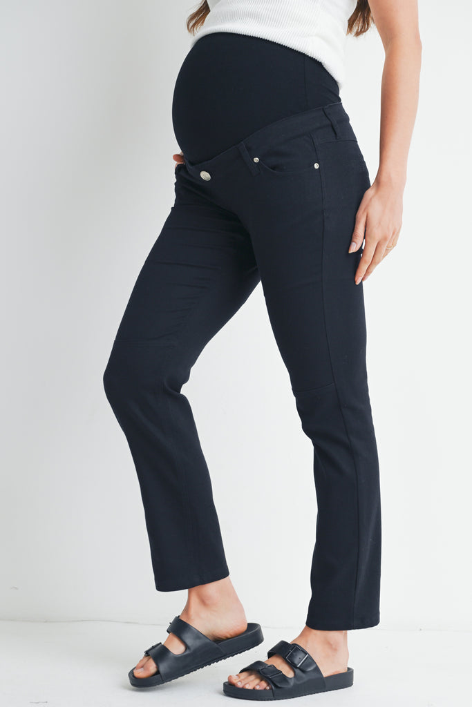 Black Straight Leg Over The Belly Maternity Pants with Pockets Side View