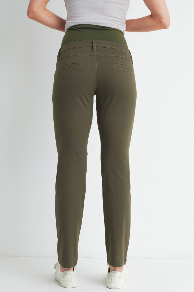 Olive Straight Leg Over The Belly Maternity Pants with Pockets Back View