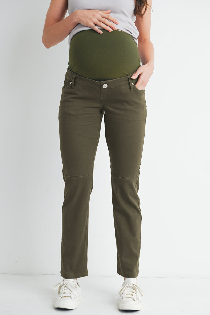 Olive Straight Leg Over The Belly Maternity Pants with Pockets Front View