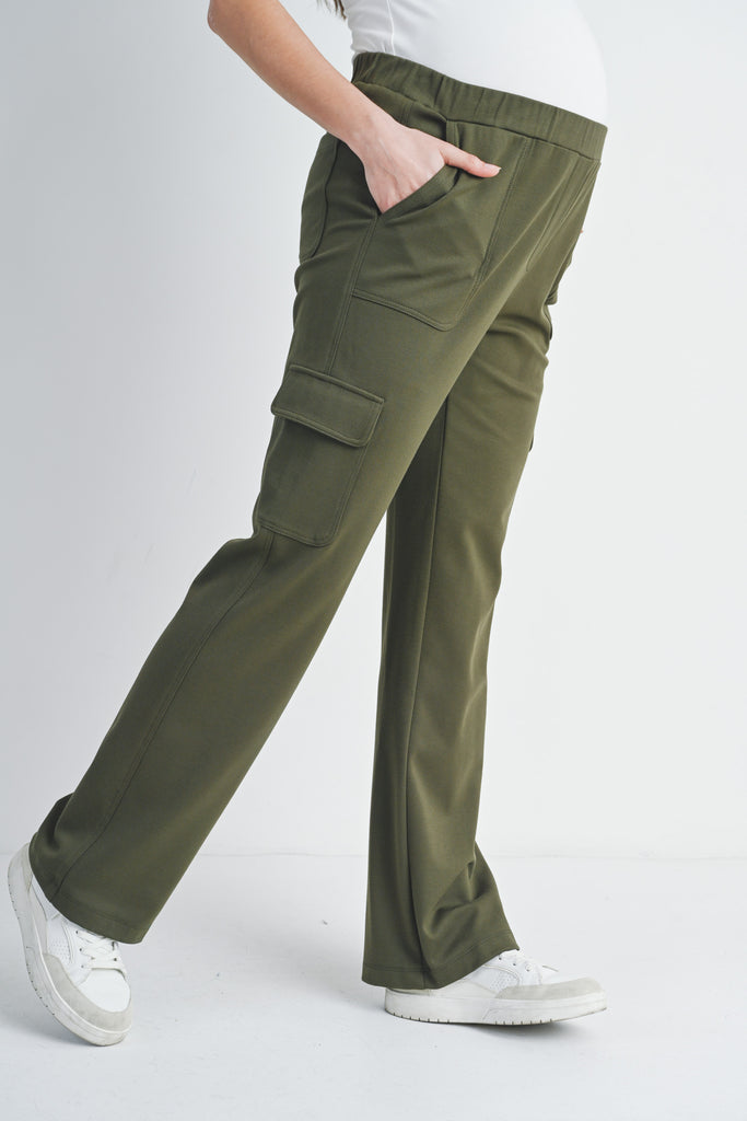 Olive Straight Leg Cargo Maternity Pants Side View