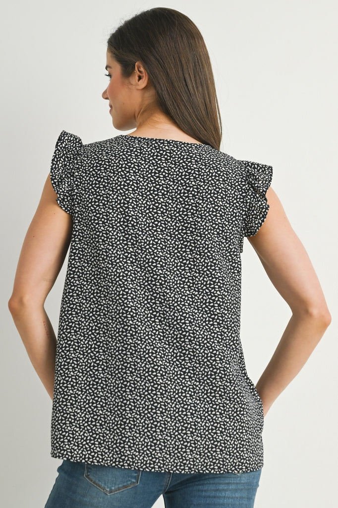 Black Ruffle Cap Sleeve Maternity V Neck Top Back View