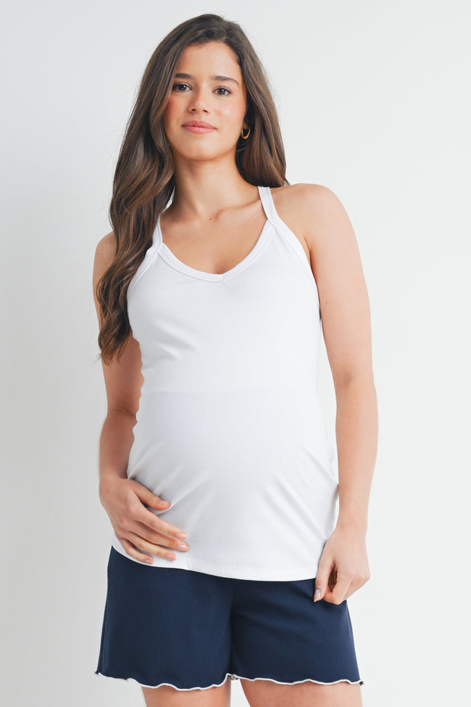 White Ribbed V Neck Racerback Maternity Tank Top Front View