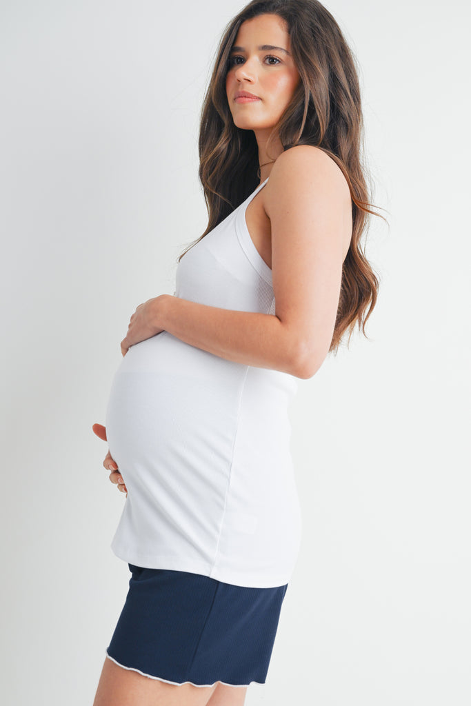 White Ribbed V Neck Racerback Maternity Tank Top Side View